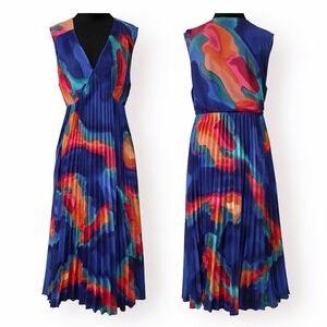 Nicole Miller Maxi Dress Sz 14 Pleated Sleeveless Resort Colorful Wedding Guest